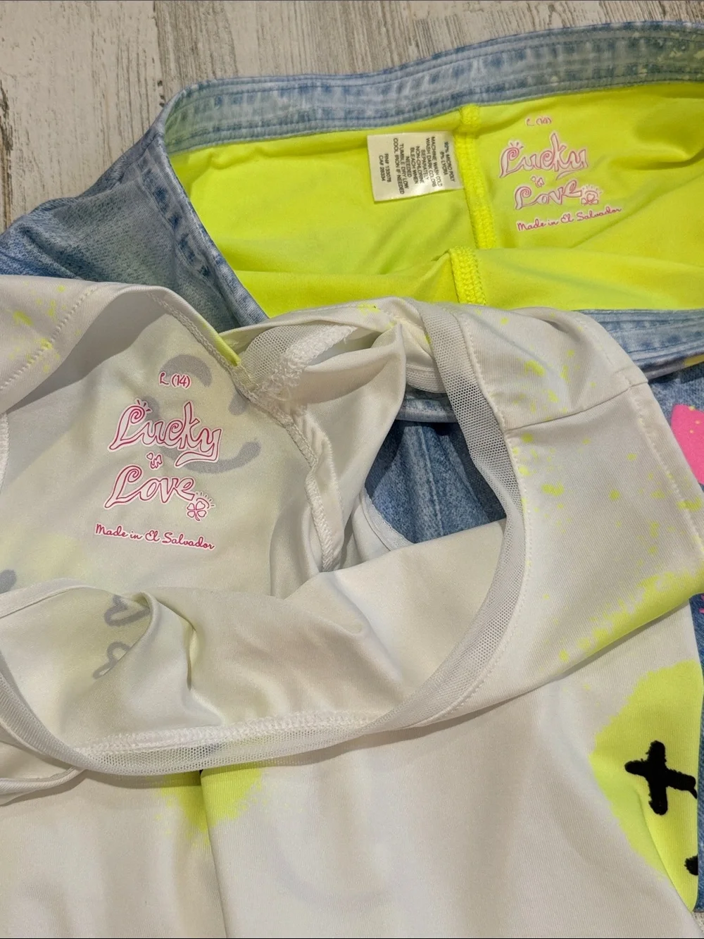 Kids Lucky in Love 2 pc. Smiley Neon Tie Back Vibrant Faux Denim Skort Set L 14